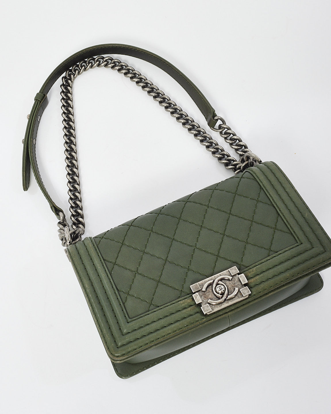 Chanel Dark Green Quillted Leather Old Medium Boy Bag