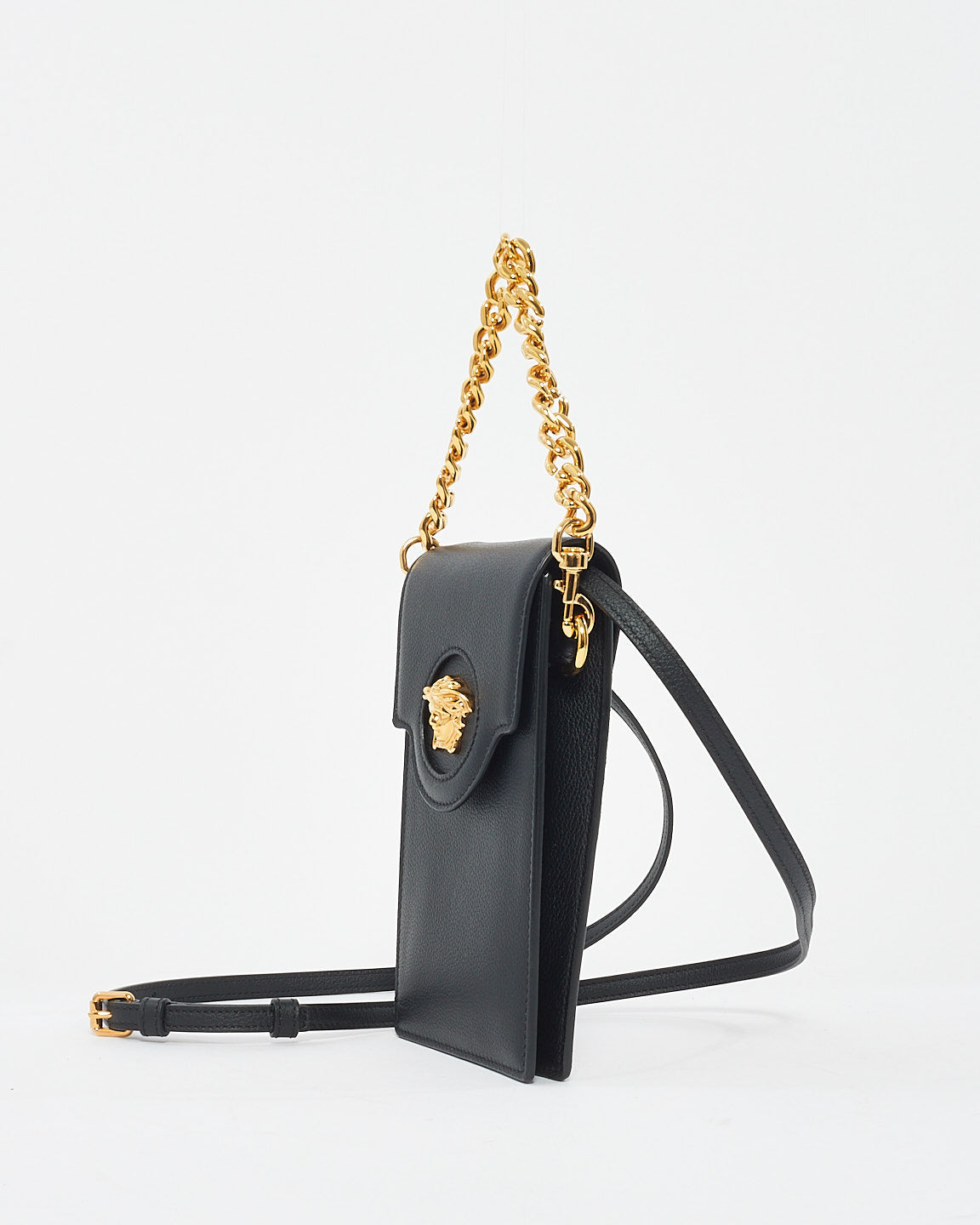 Versace Mini sac pour téléphone à tête de Medusa en cuir noir