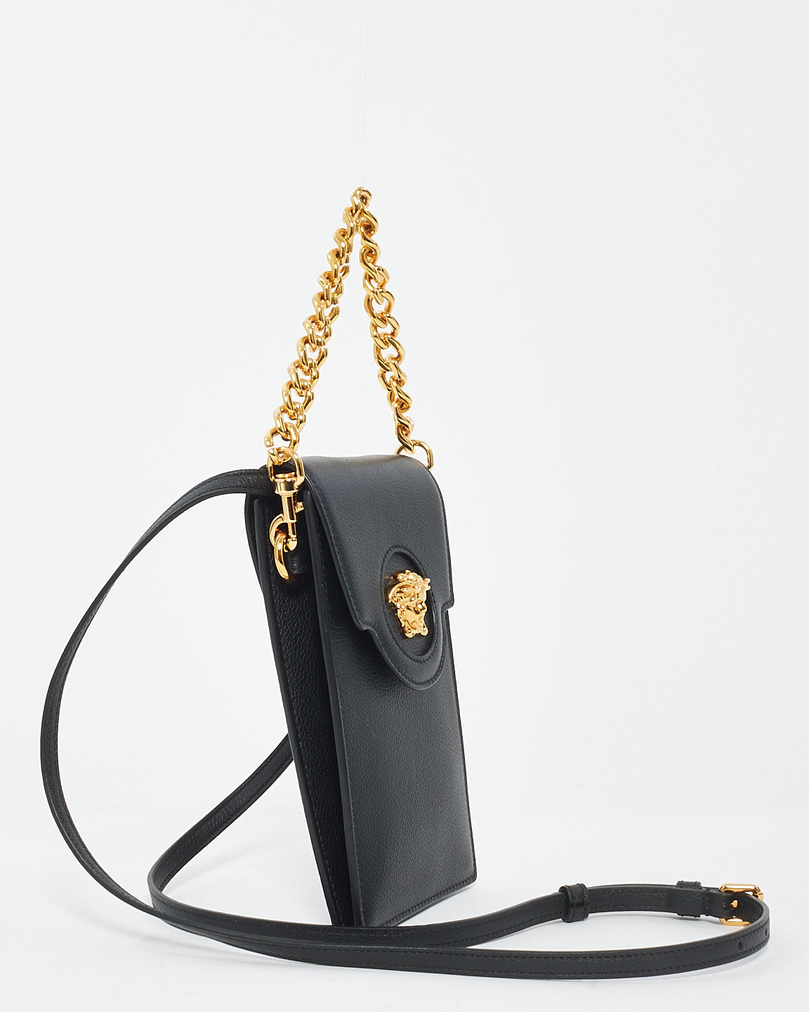 Versace Mini sac pour téléphone à tête de Medusa en cuir noir