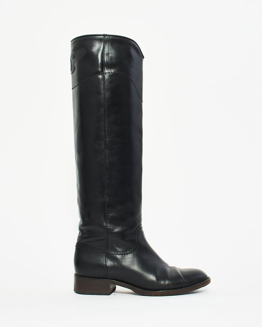 Chanel Black Leather CC Logo Riding Boots - 39