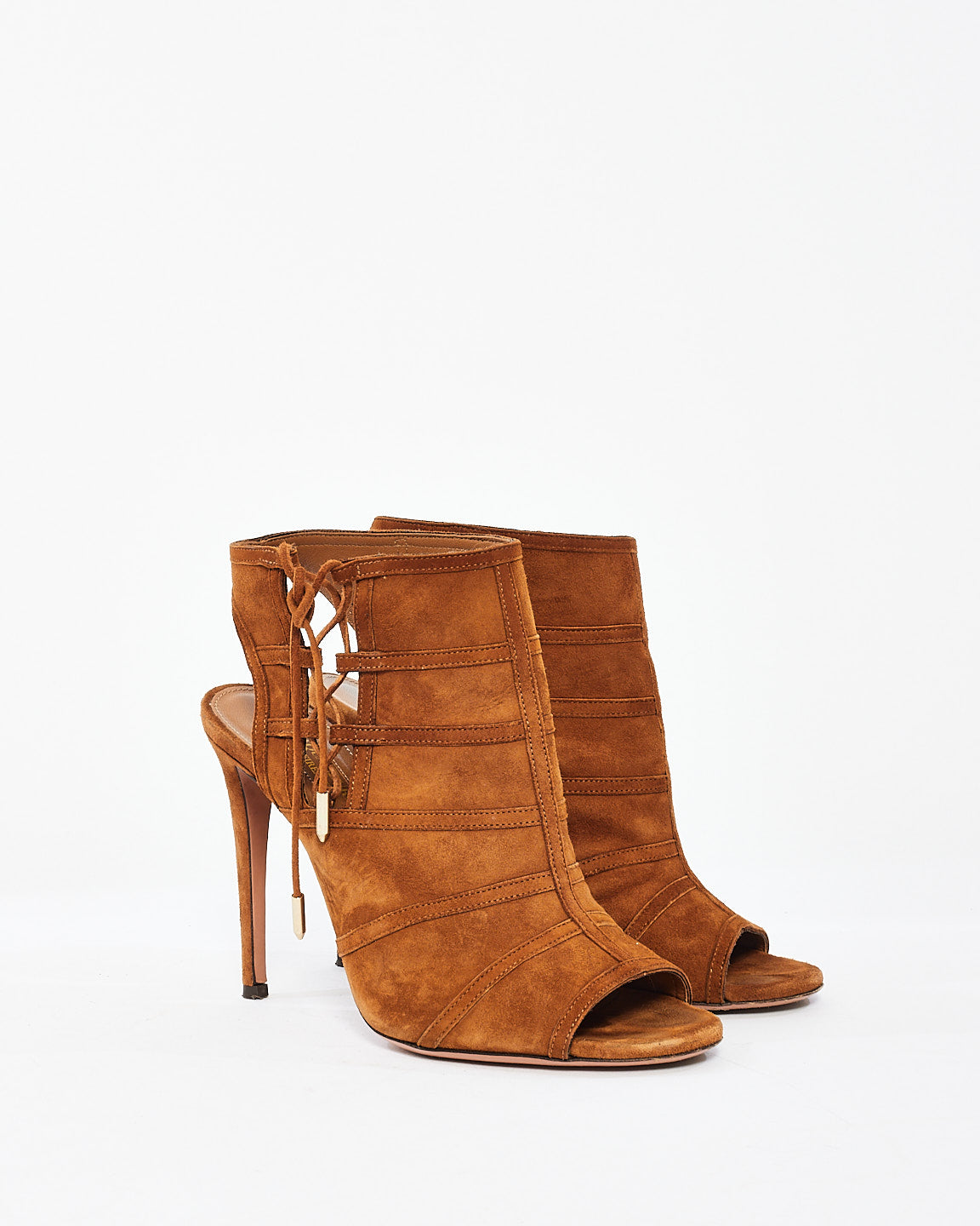 Aquazurra Tan Suede Peep Toe Sandal Booties - 37.5