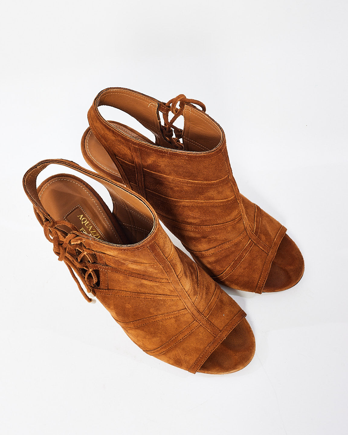 Aquazurra Tan Suede Peep Toe Sandal Booties - 37.5