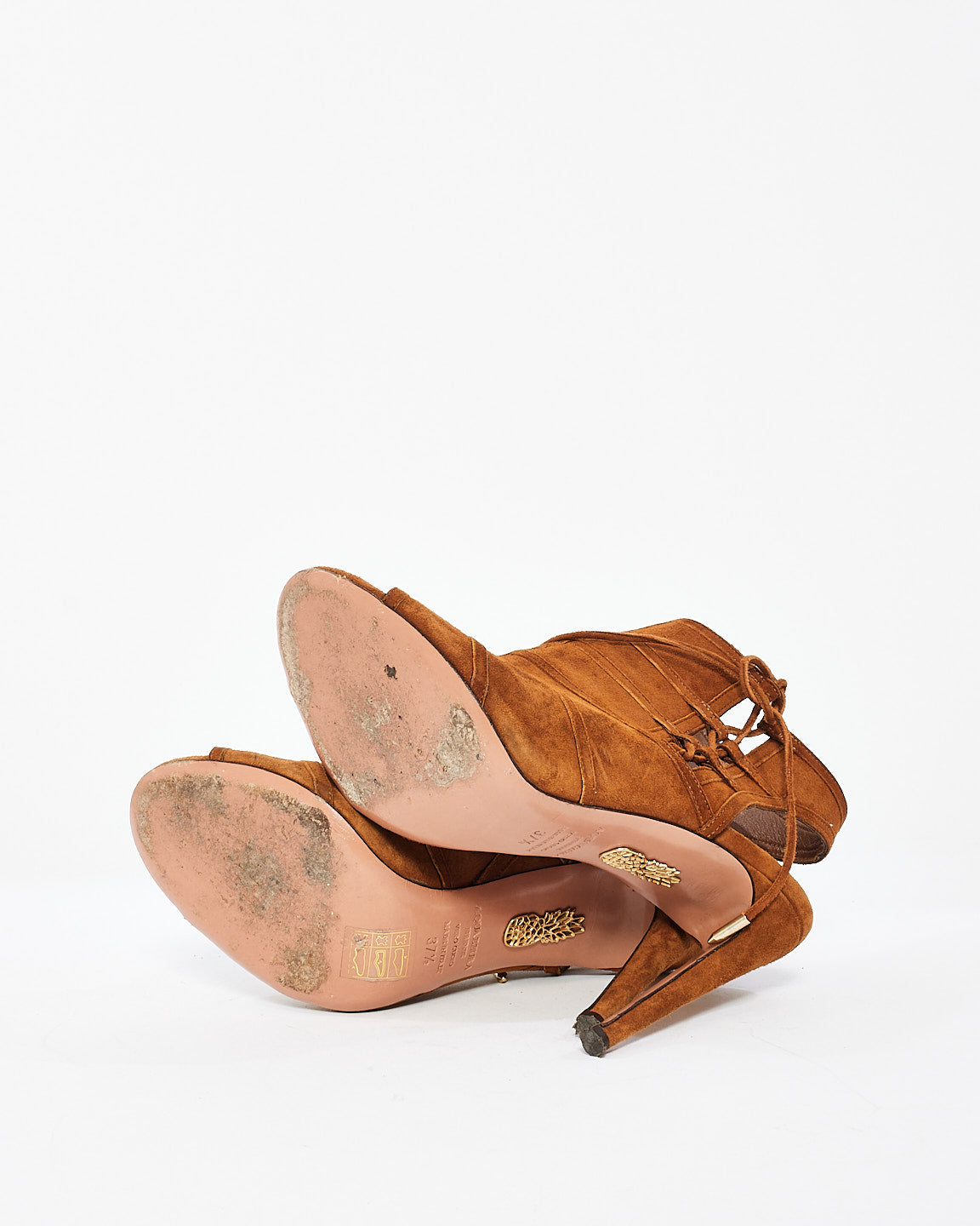 Aquazurra Tan Suede Peep Toe Sandal Booties - 37.5