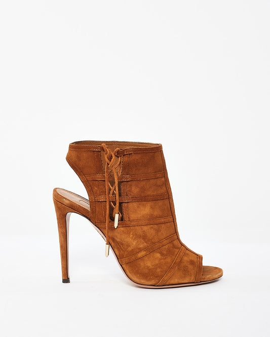 Aquazurra Tan Suede Peep Toe Sandal Booties - 37.5