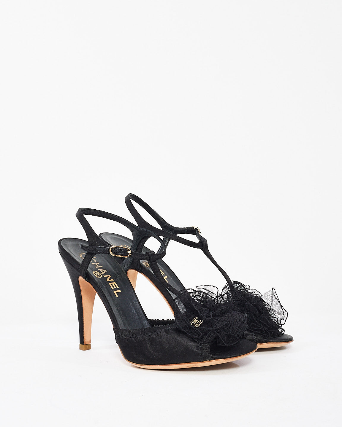 Chanel Black Satin Ribbon Open Toe Sandals - 38.5