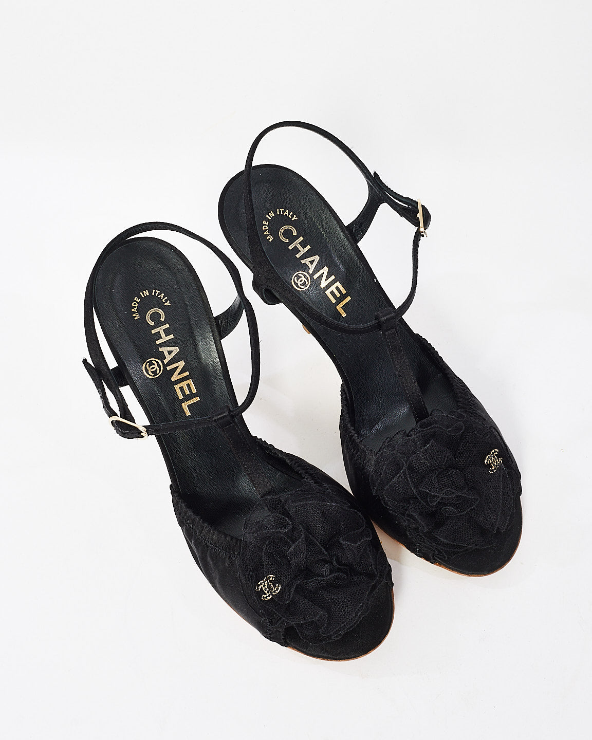 Chanel Black Satin Ribbon Open Toe Sandals - 38.5