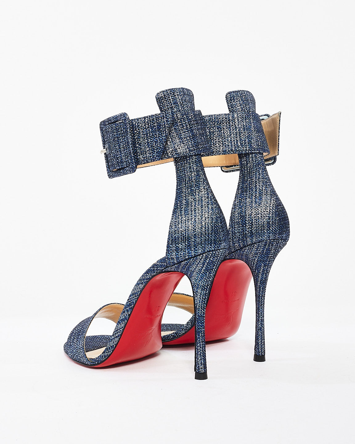 Christian Louboutin Blue Denim Lamé Blade Runna 100mm Sandals - 37