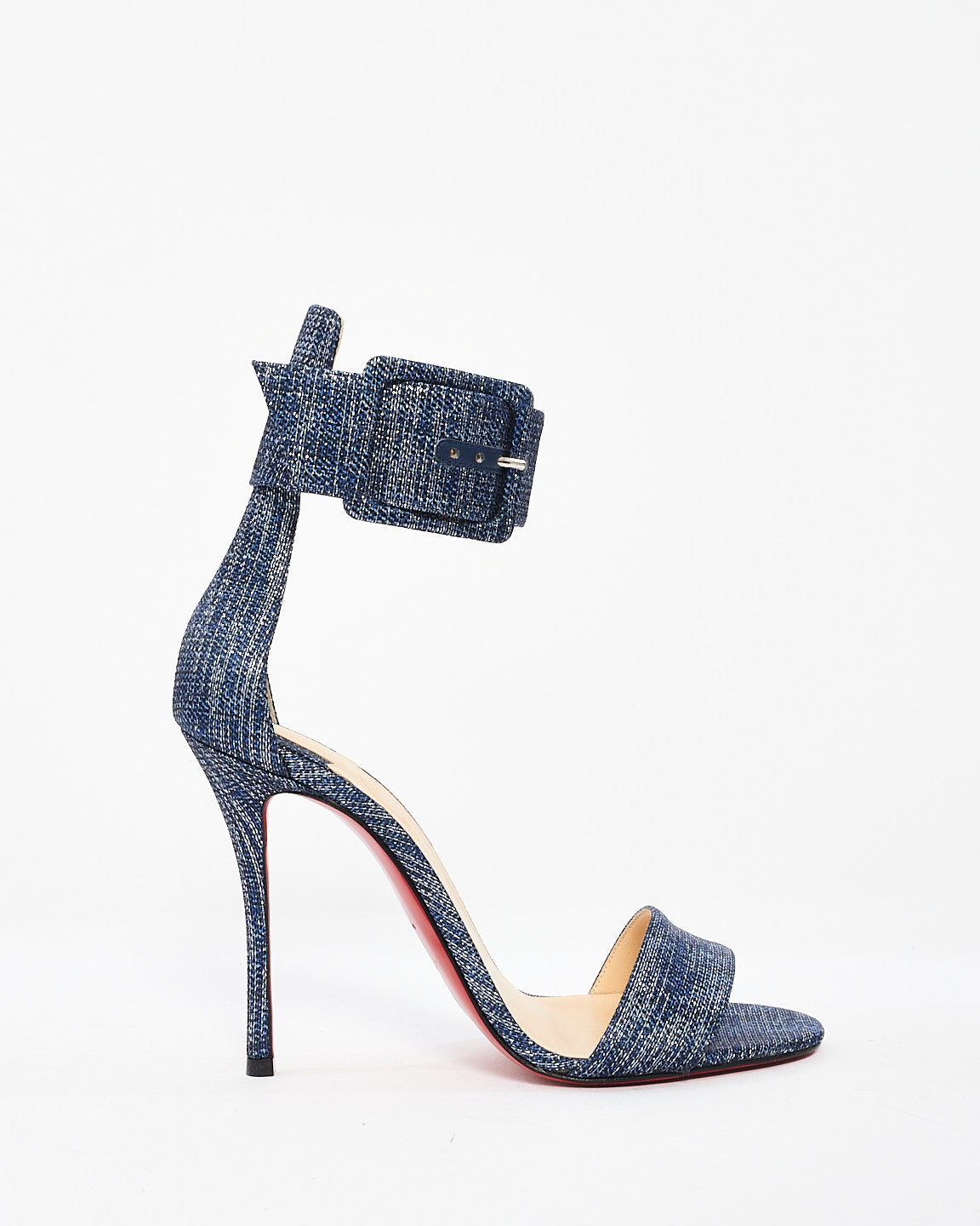 Christian Louboutin Blue Denim Lamé Blade Runna 100mm Sandals - 37