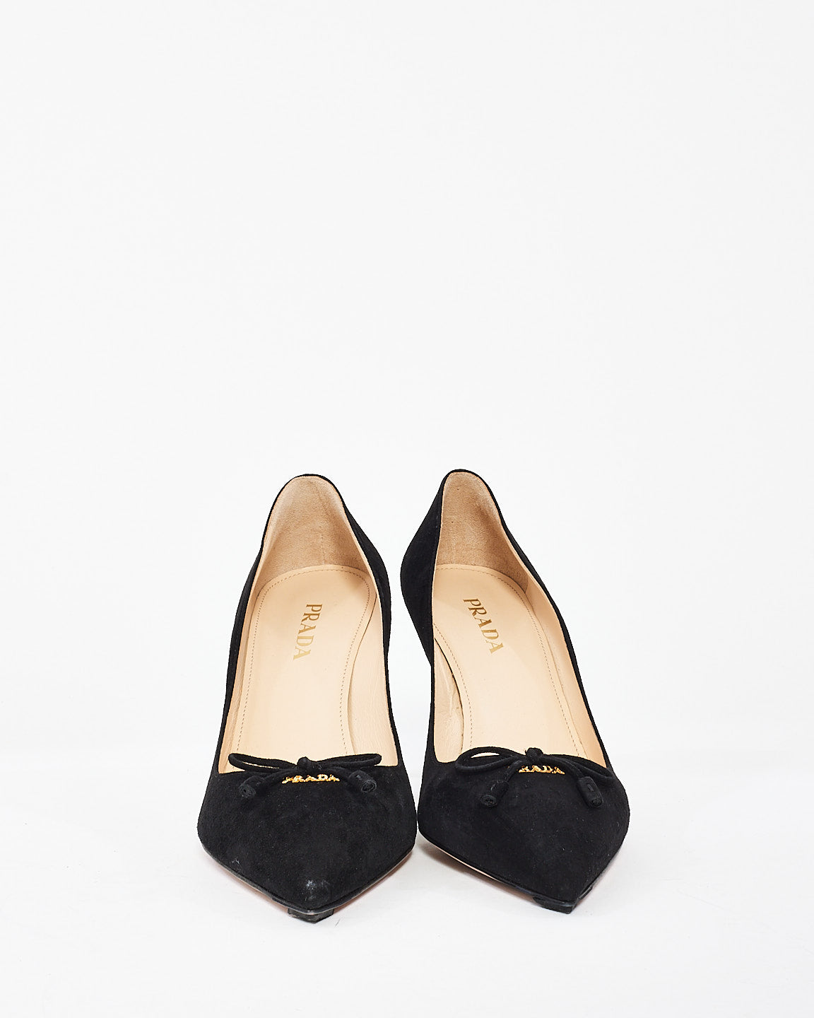 Prada Black Suede Logo Point Toe Pumps- 39