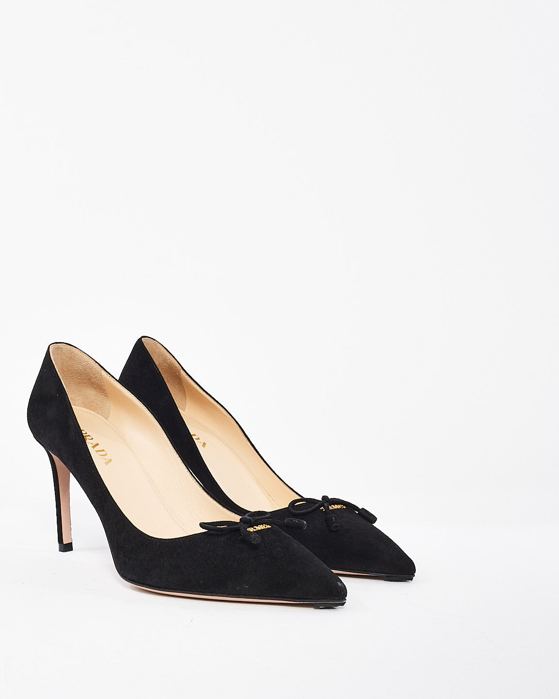 Prada Black Suede Logo Point Toe Pumps- 39