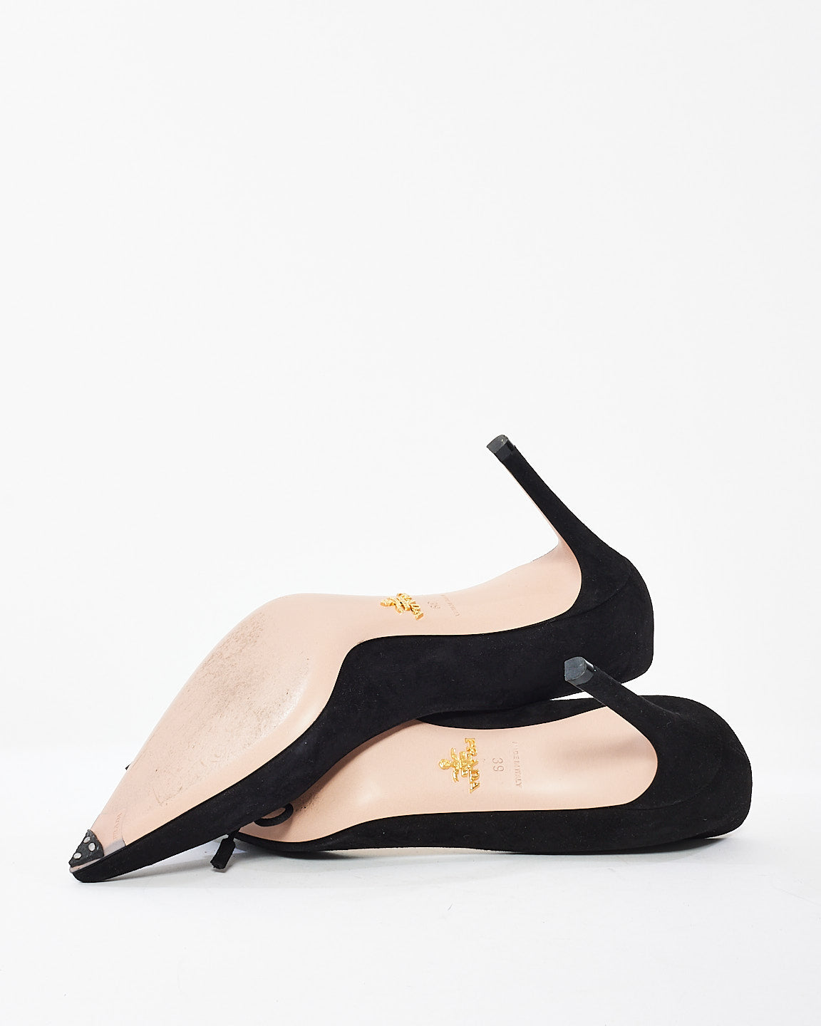 Prada Black Suede Logo Point Toe Pumps- 39