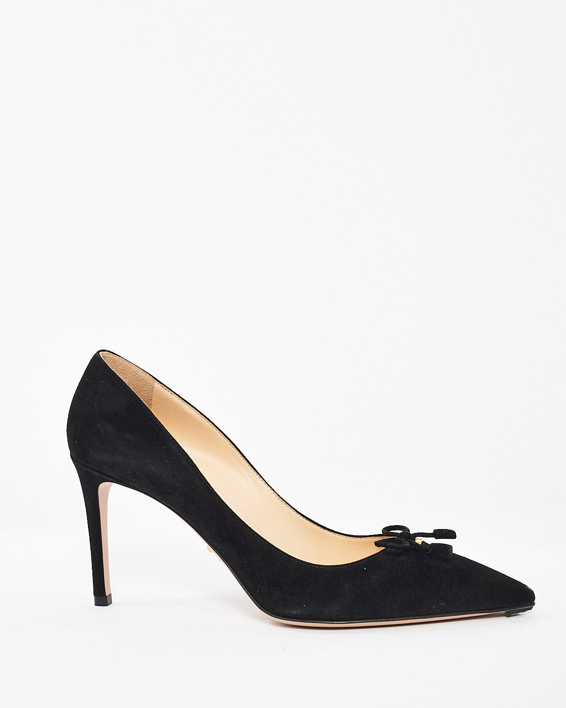 Prada Black Suede Logo Point Toe Pumps- 39