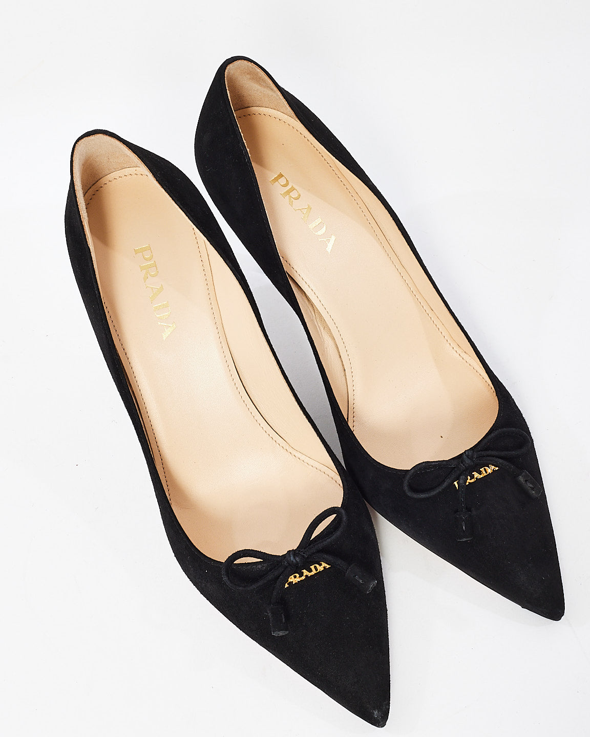 Prada Black Suede Logo Point Toe Pumps- 39