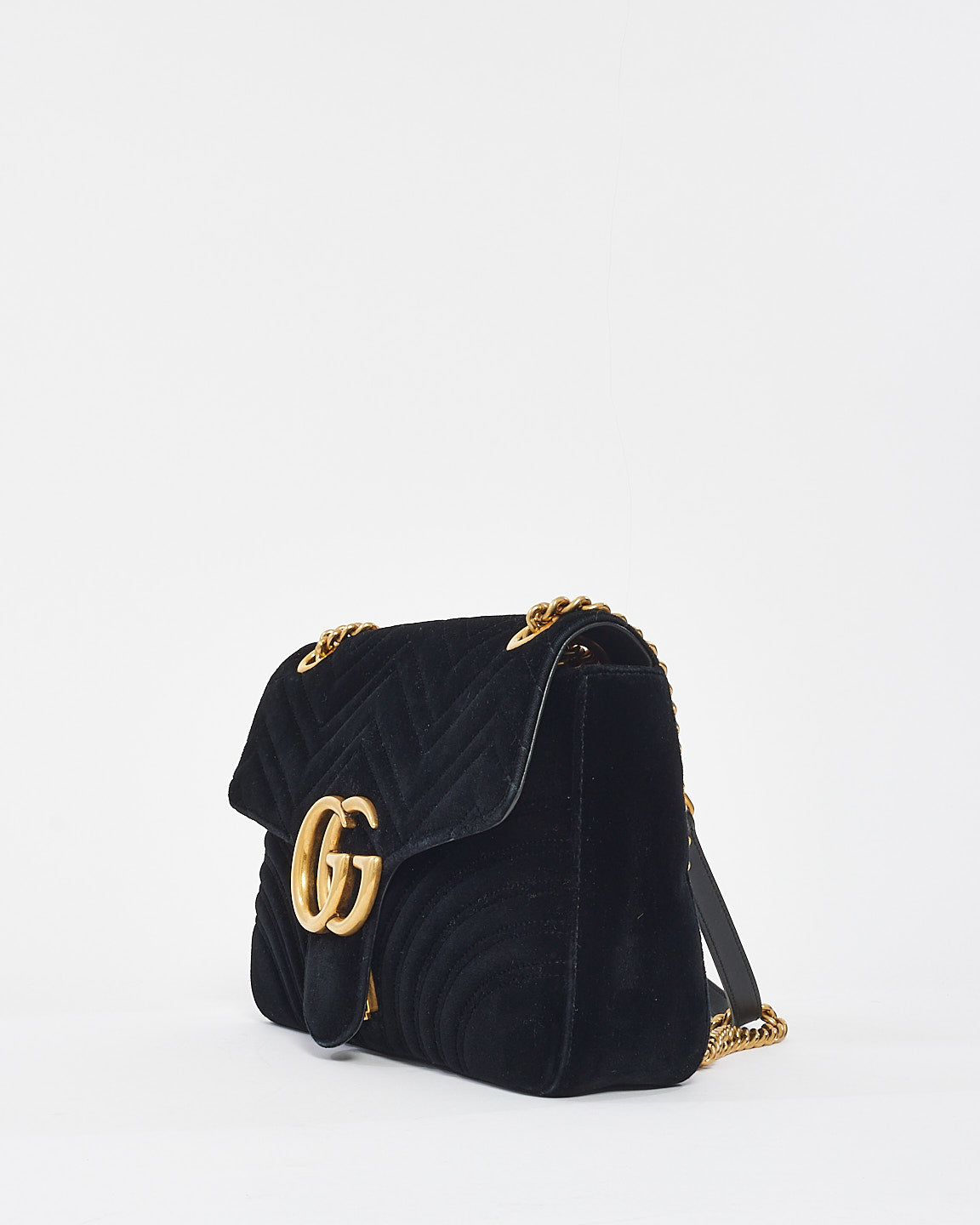 Gucci Black Velvet Matelassée  GG Marmont Medium Shoulder Bag