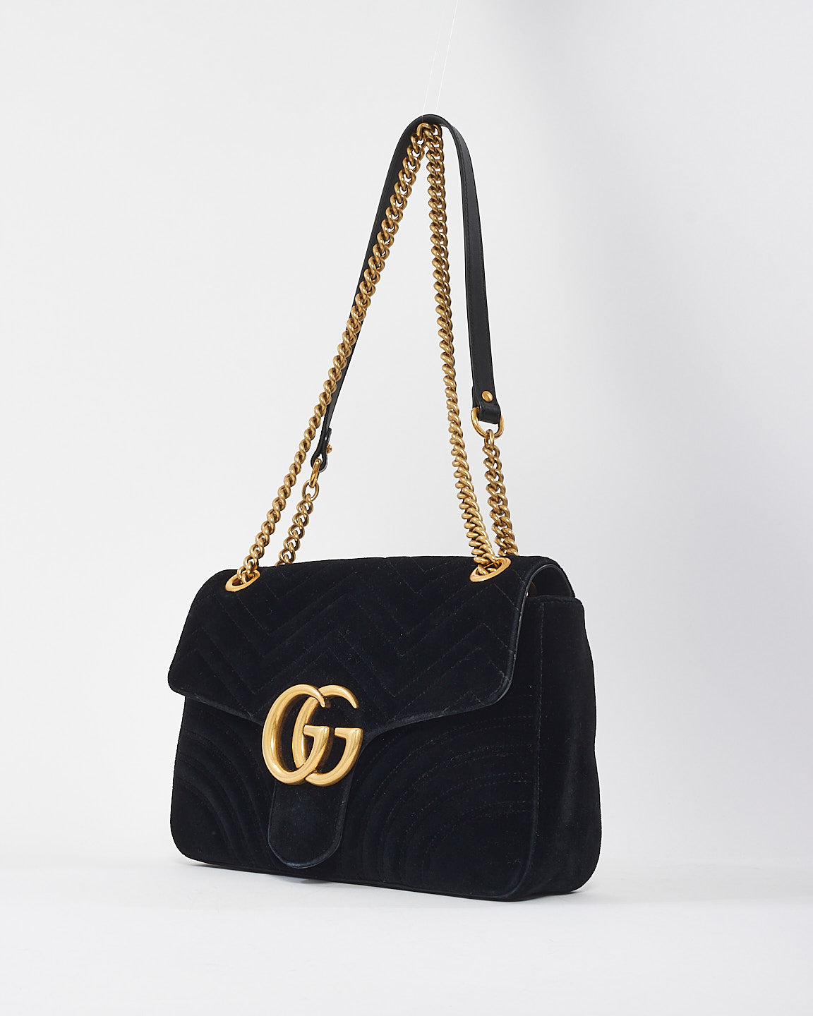 Gucci Black Velvet Matelassée  GG Marmont Medium Shoulder Bag