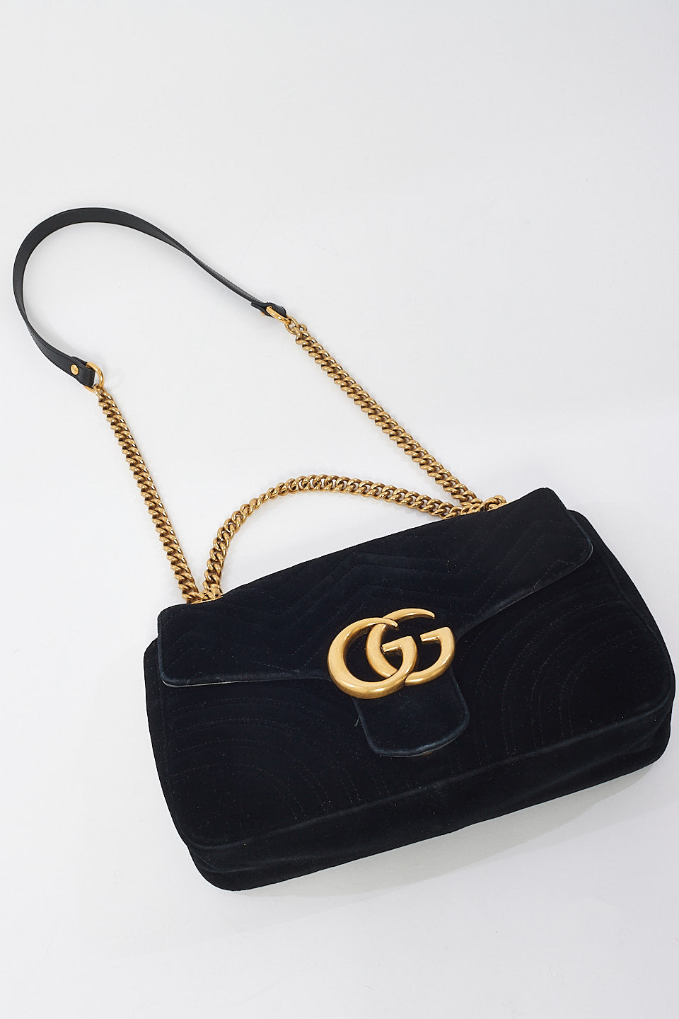 Gucci Black Velvet Matelassée  GG Marmont Medium Shoulder Bag