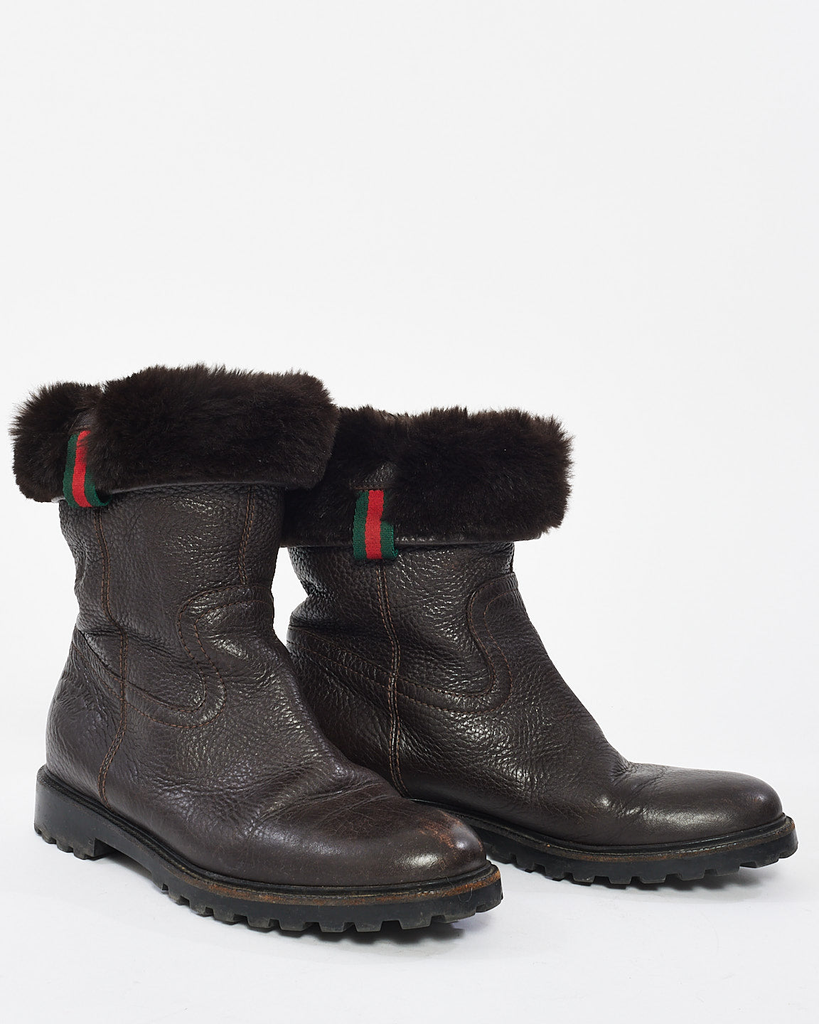 Gucci Brown Leather & Fur Web Boots - 37.5