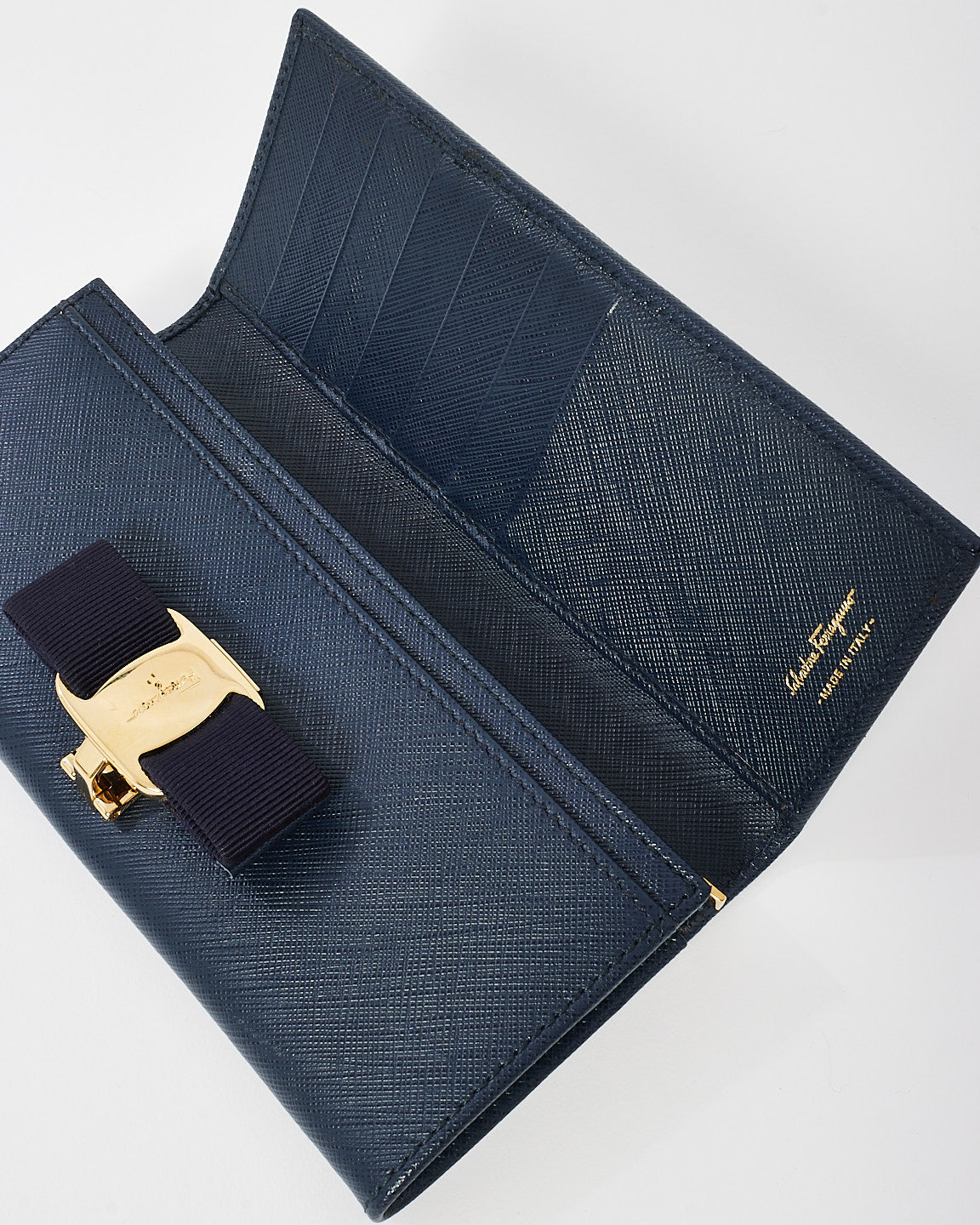 Salvatore Ferragamo Navy Blue Saffiano Leather Bow Wallet