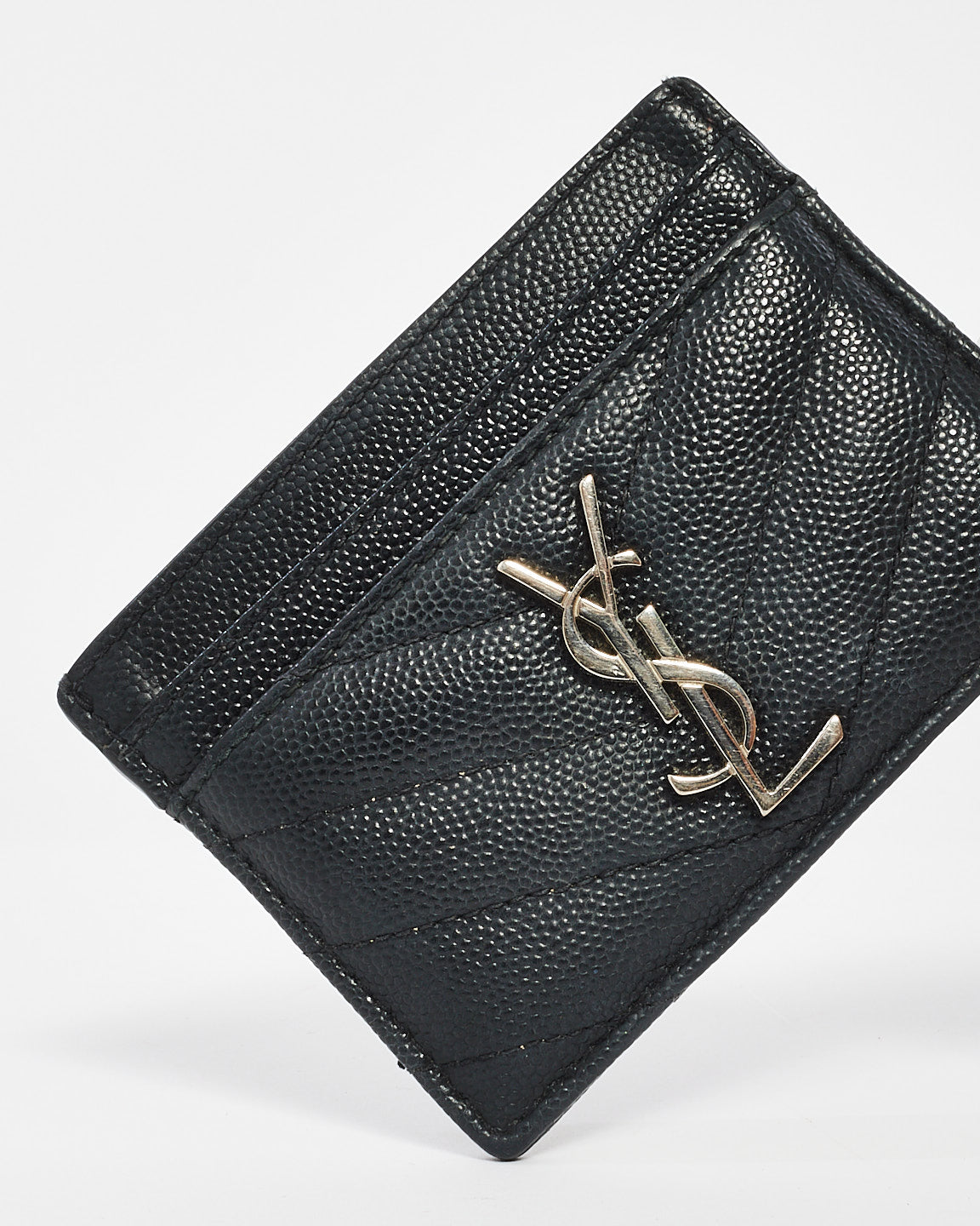 Saint Laurent Black Matlassée Leather Cassandre Card Case