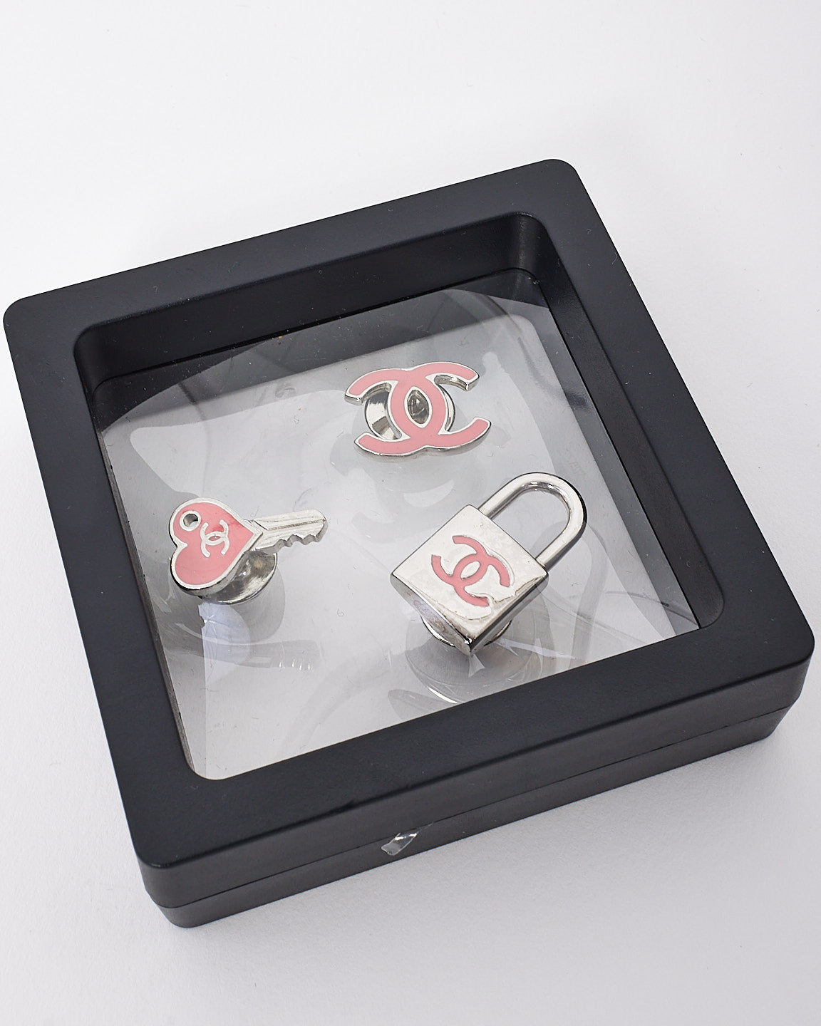 Chanel Pink & Silver Padlock Key & CC Logo Earrings