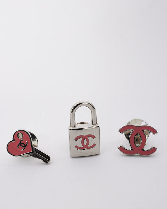 Chanel Pink & Silver Padlock Key & CC Logo Earrings