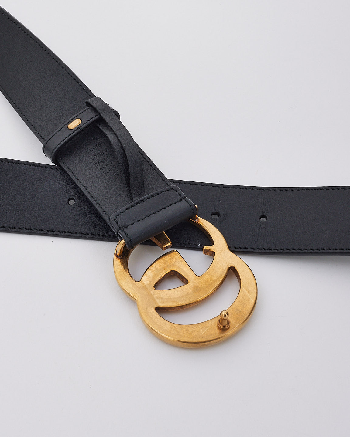 Gucci Black Smooth Leather Brushed Gold Double GG Marmont Belt - 90/35