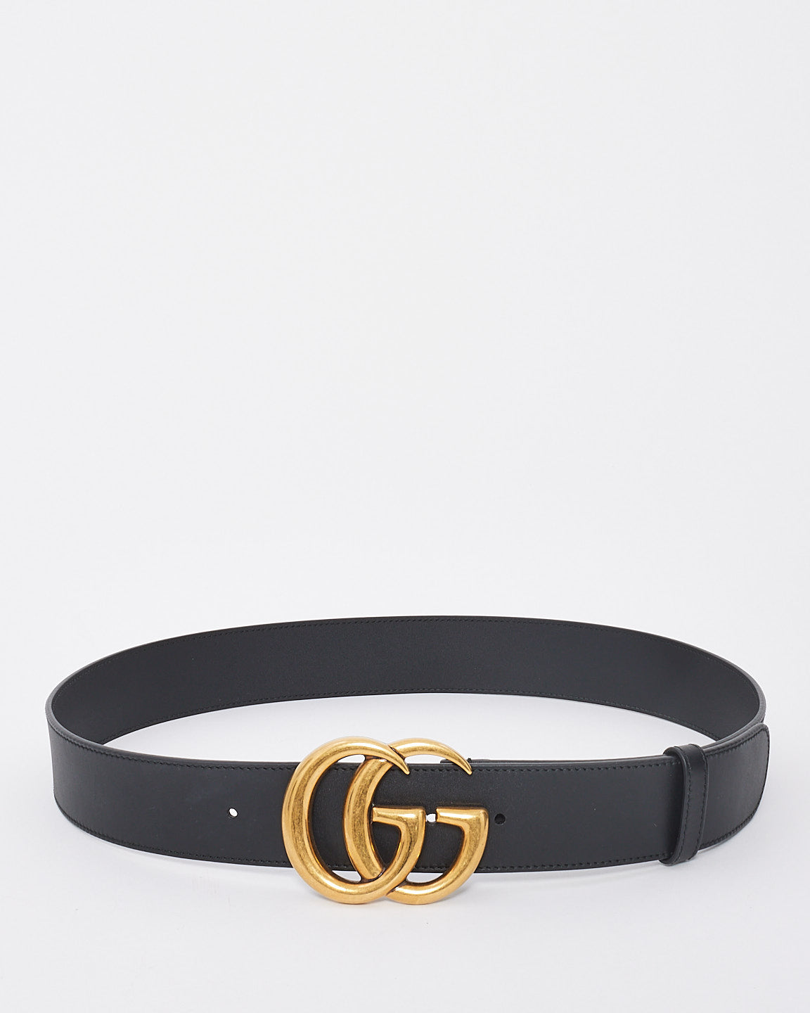 Gucci Black Smooth Leather Brushed Gold Double GG Marmont Belt - 90/35