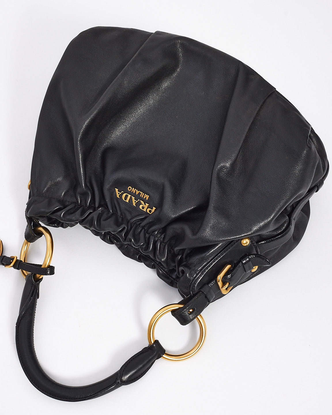 Prada Black Leather Gathered Hobo Soft Shoulder Bag