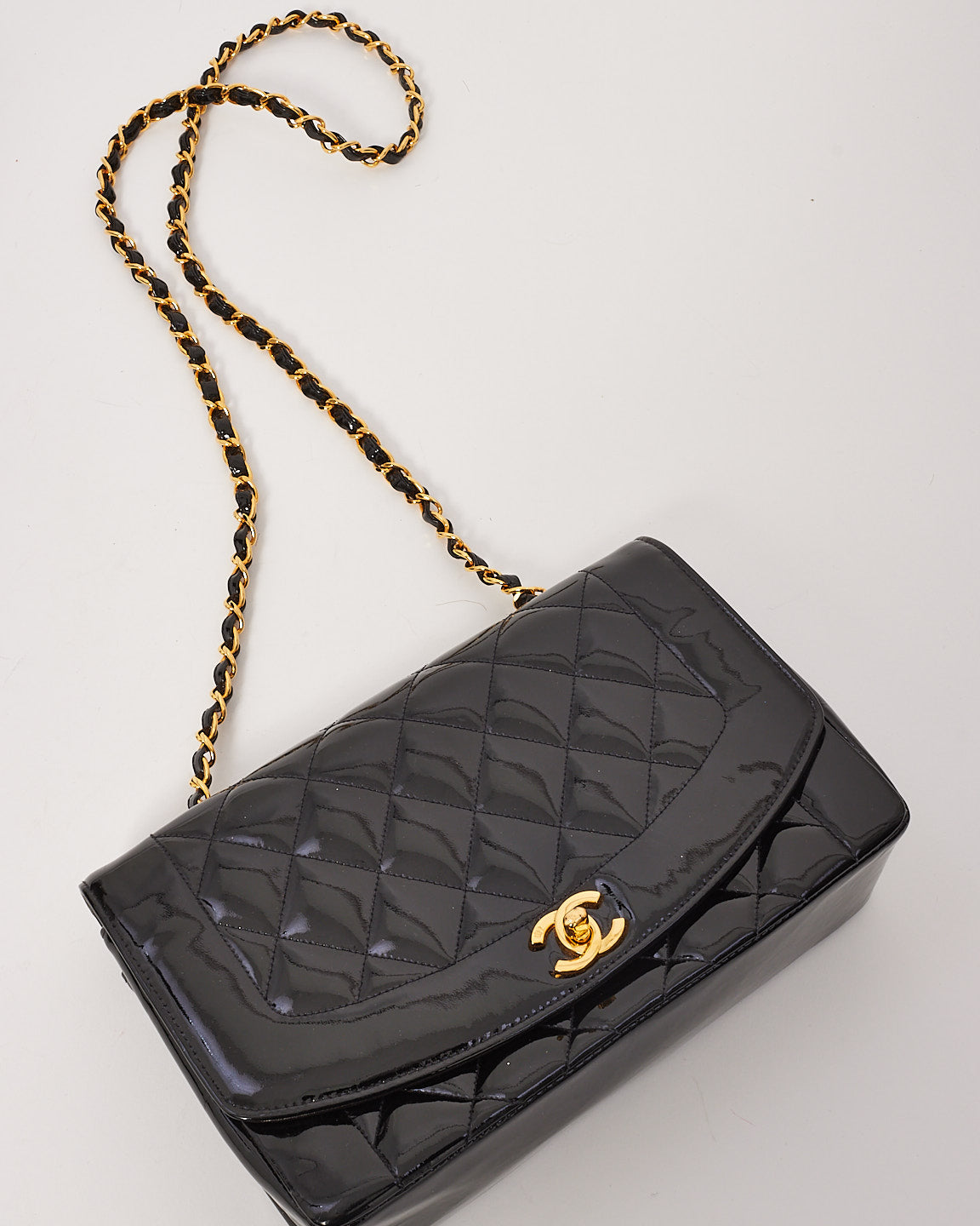 Chanel Vintage Black Patent Leather Diana Flap Shoulder Bag GHW