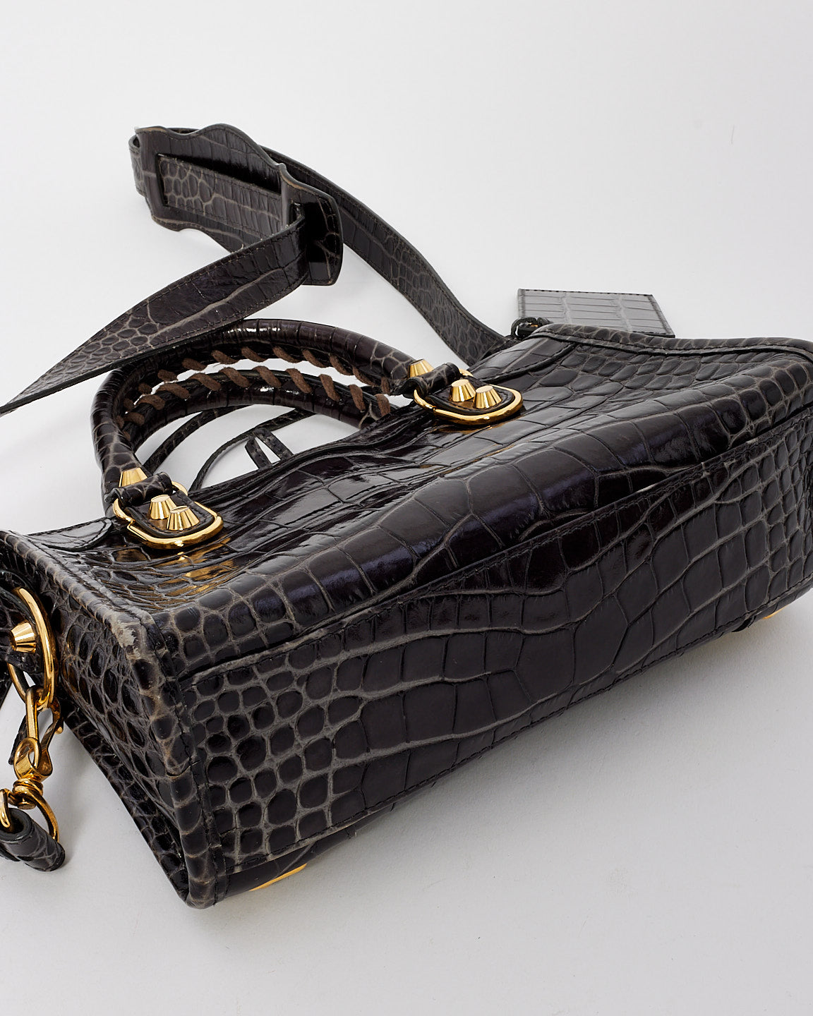 Balenciaga Black Croc Embossed Motocross Metallic Edge Mini City Bag