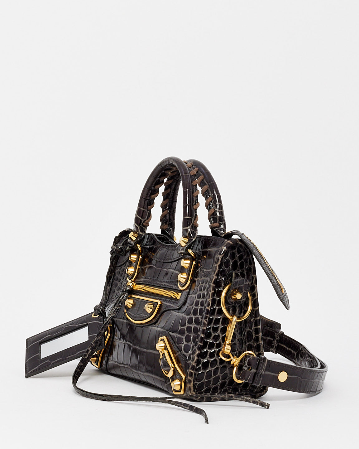 Balenciaga Black Croc Embossed Motocross Metallic Edge Mini City Bag