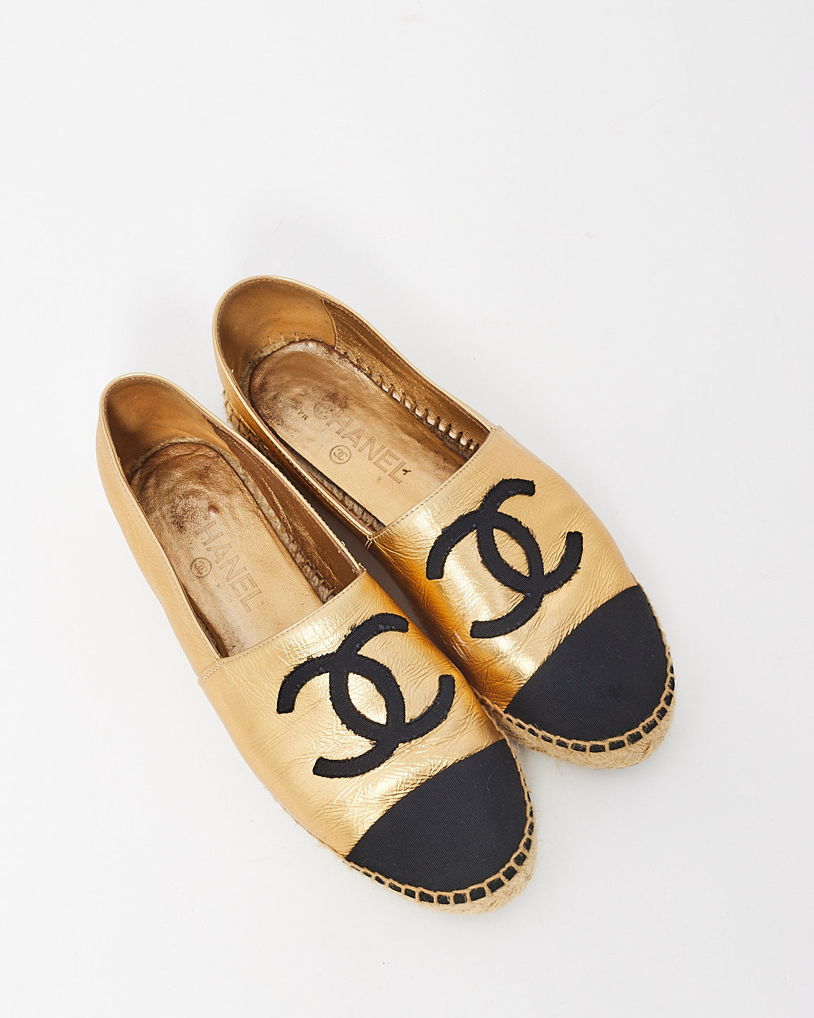 Chanel Gold Metallic Leather Logo Espadrilles - 39