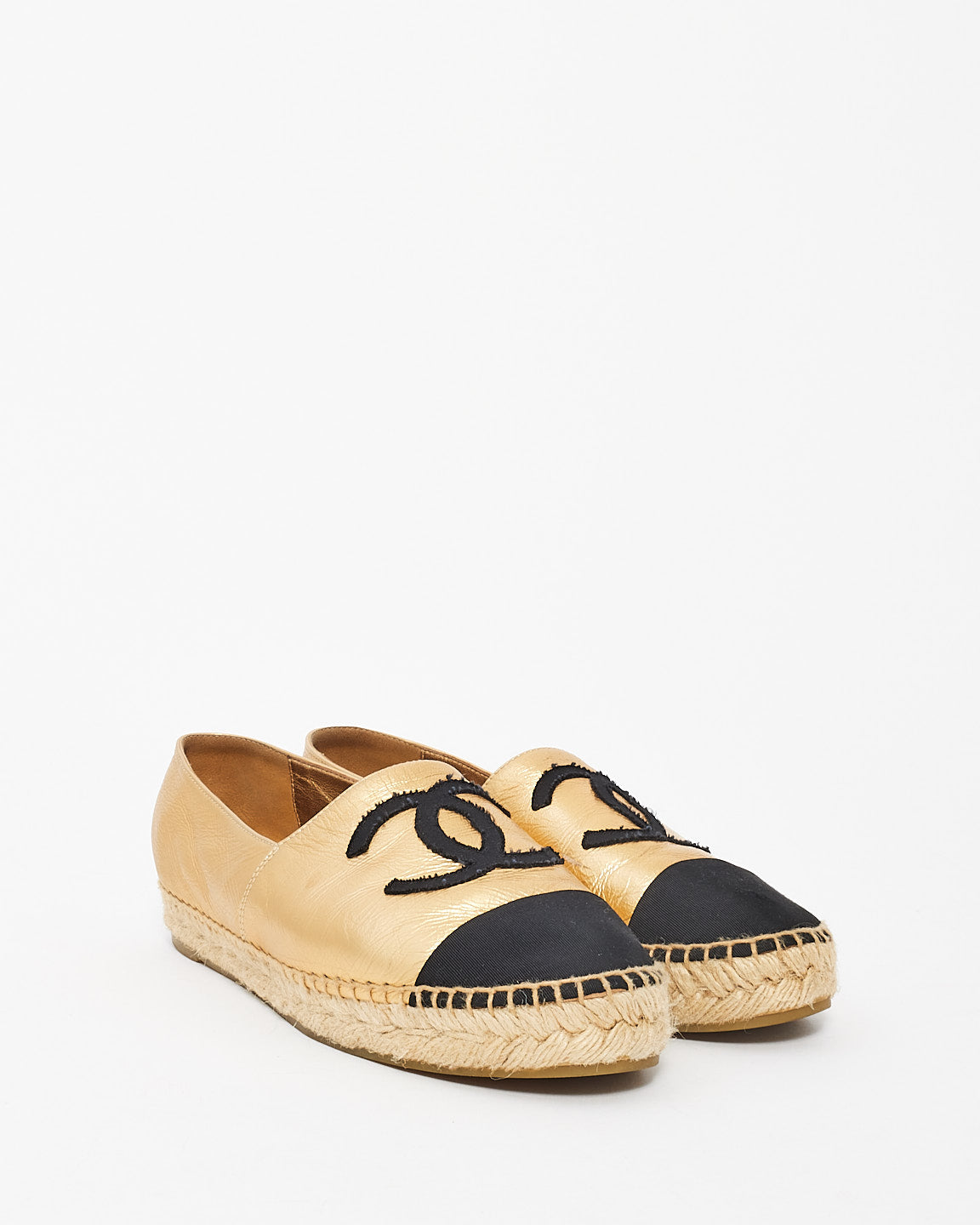 Chanel Gold Metallic Leather Logo Espadrilles - 39