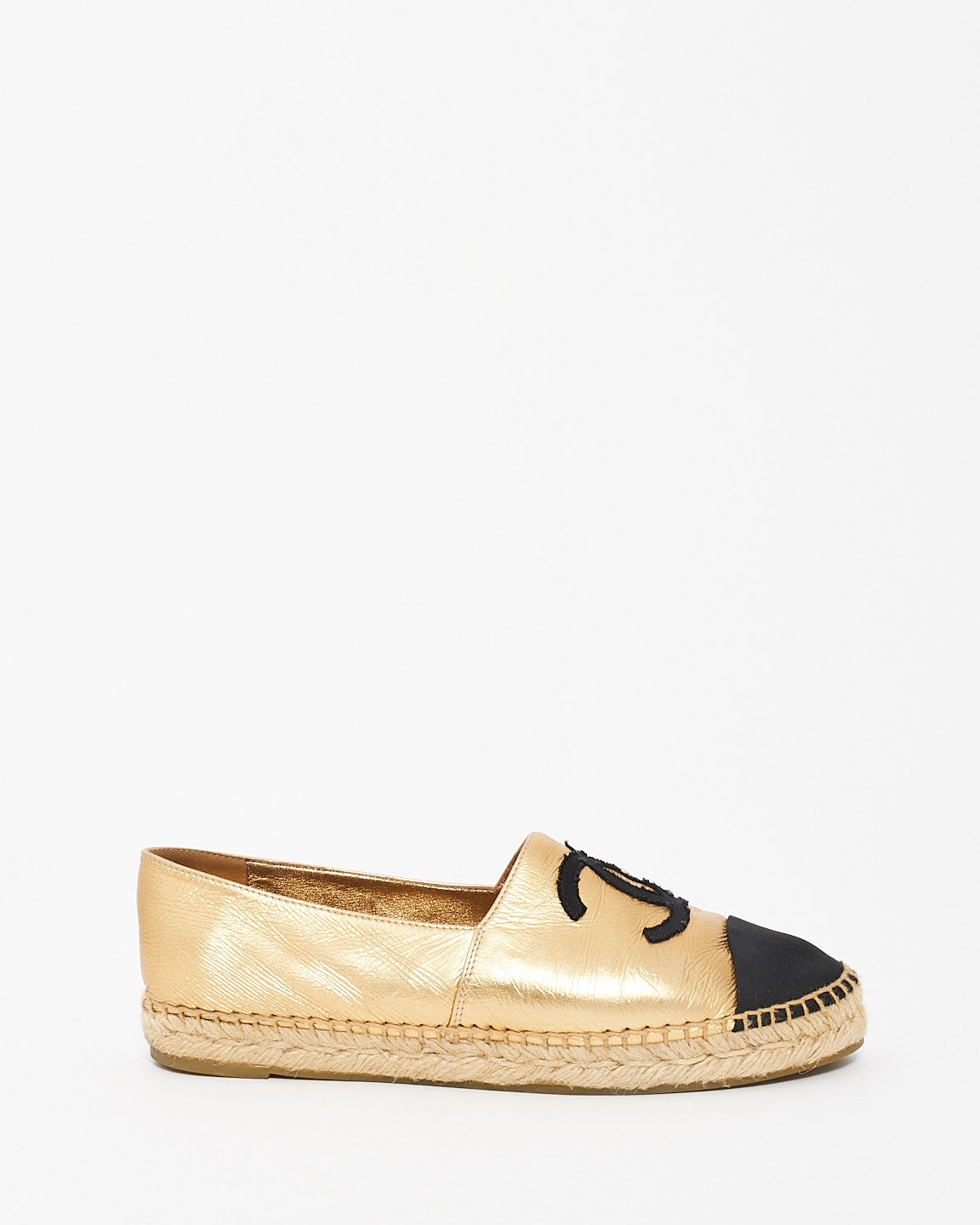 Chanel Gold Metallic Leather Logo Espadrilles - 39