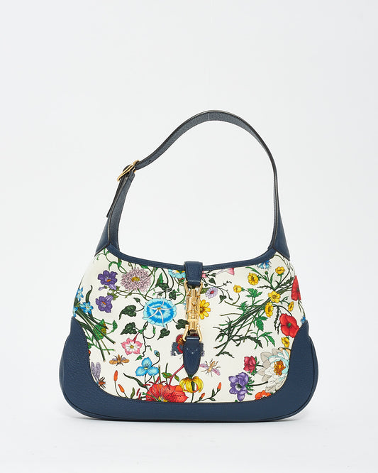 Gucci White/Blue Flora Print Medium Jackie Hobo Bag