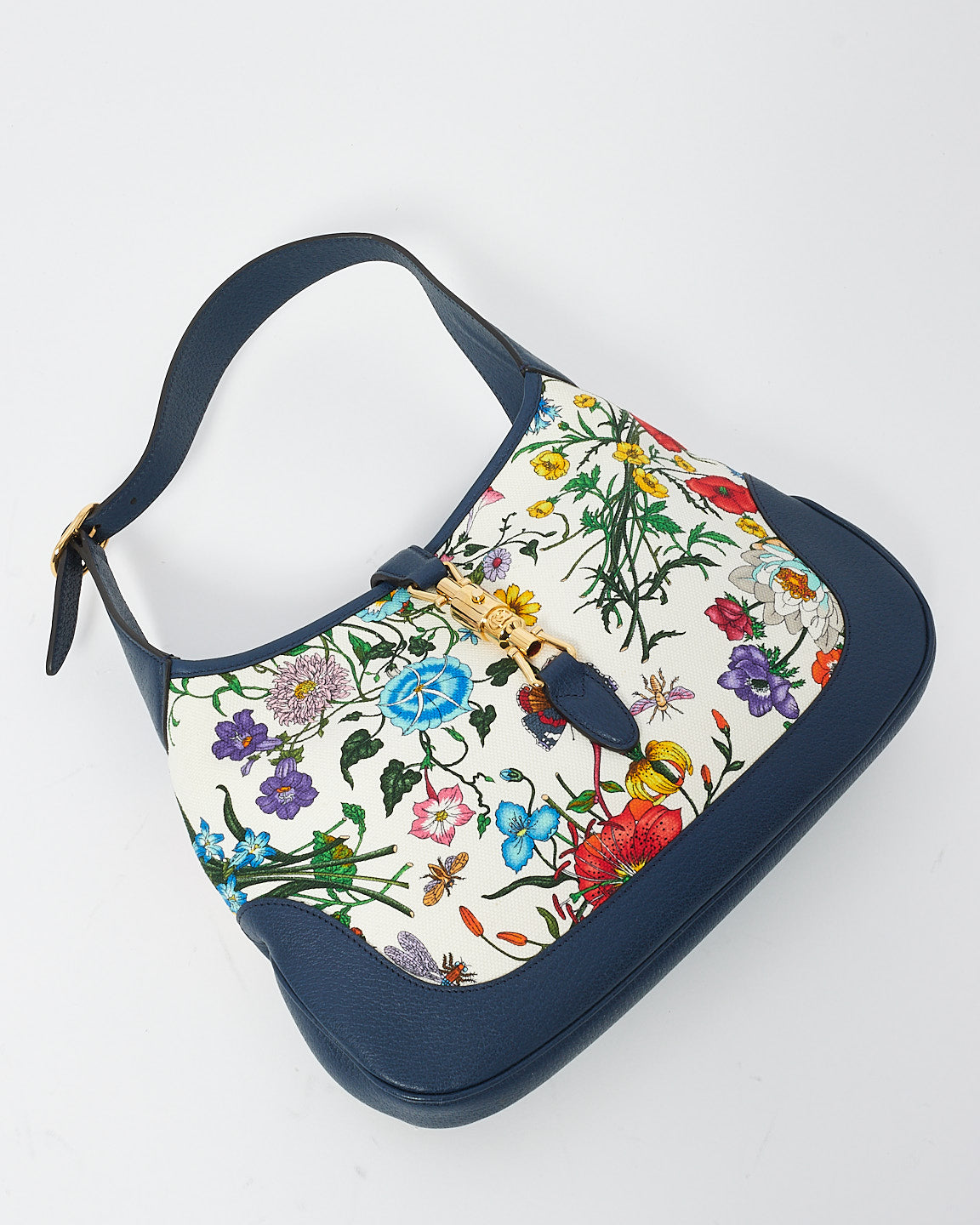 Gucci White/Blue Flora Print Medium Jackie Hobo Bag