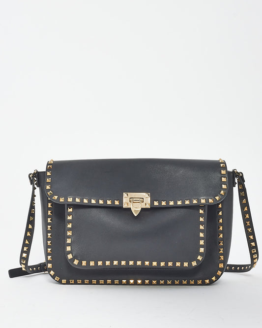 Valentino Black Leather Front Pocket Flap Rockstud Crossbody Bag