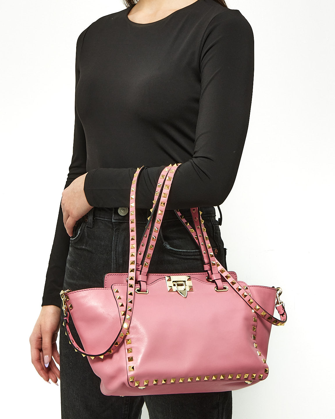 Valentino Pink Leather Rockstud Tote Bag