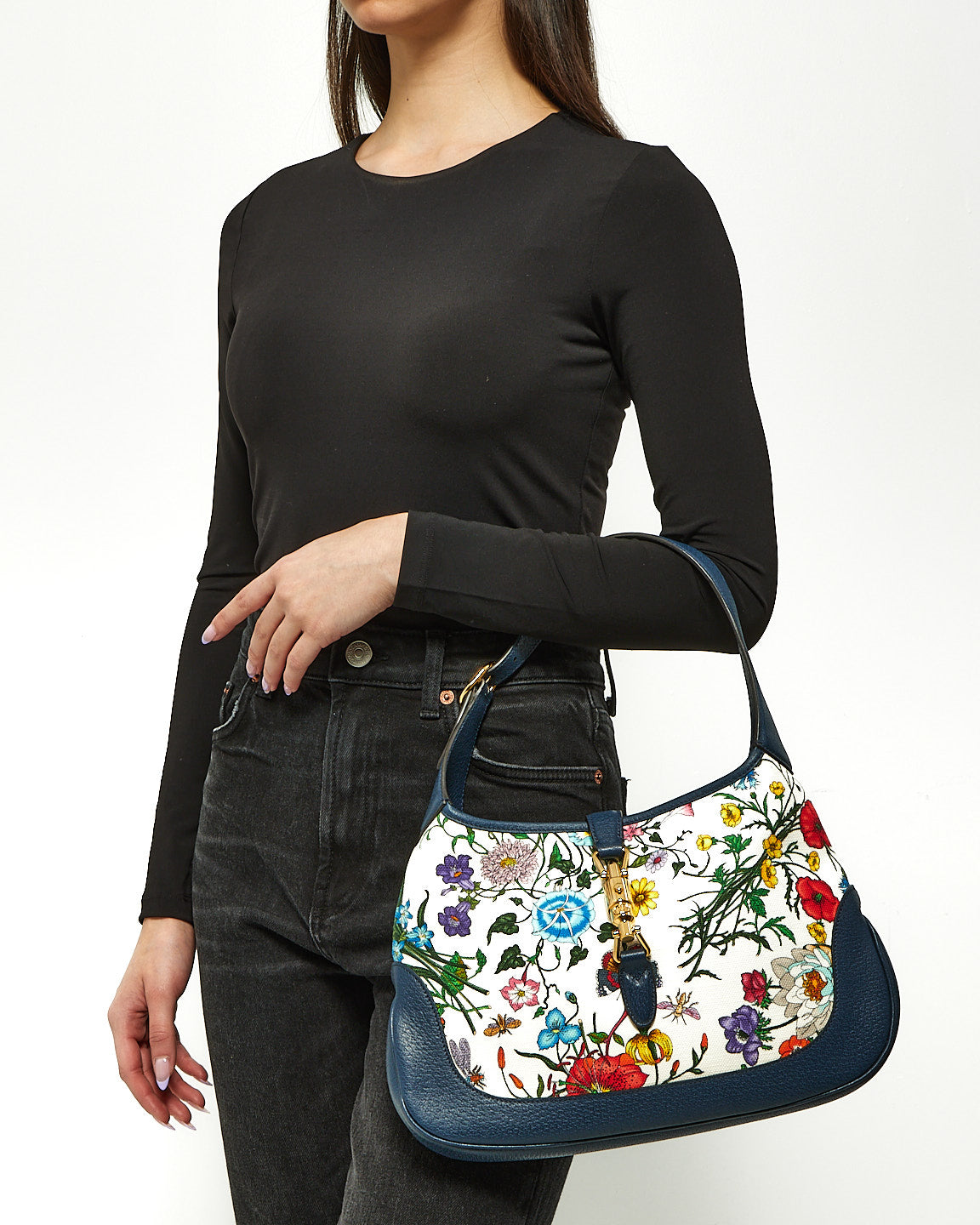 Gucci White/Blue Flora Print Medium Jackie Hobo Bag