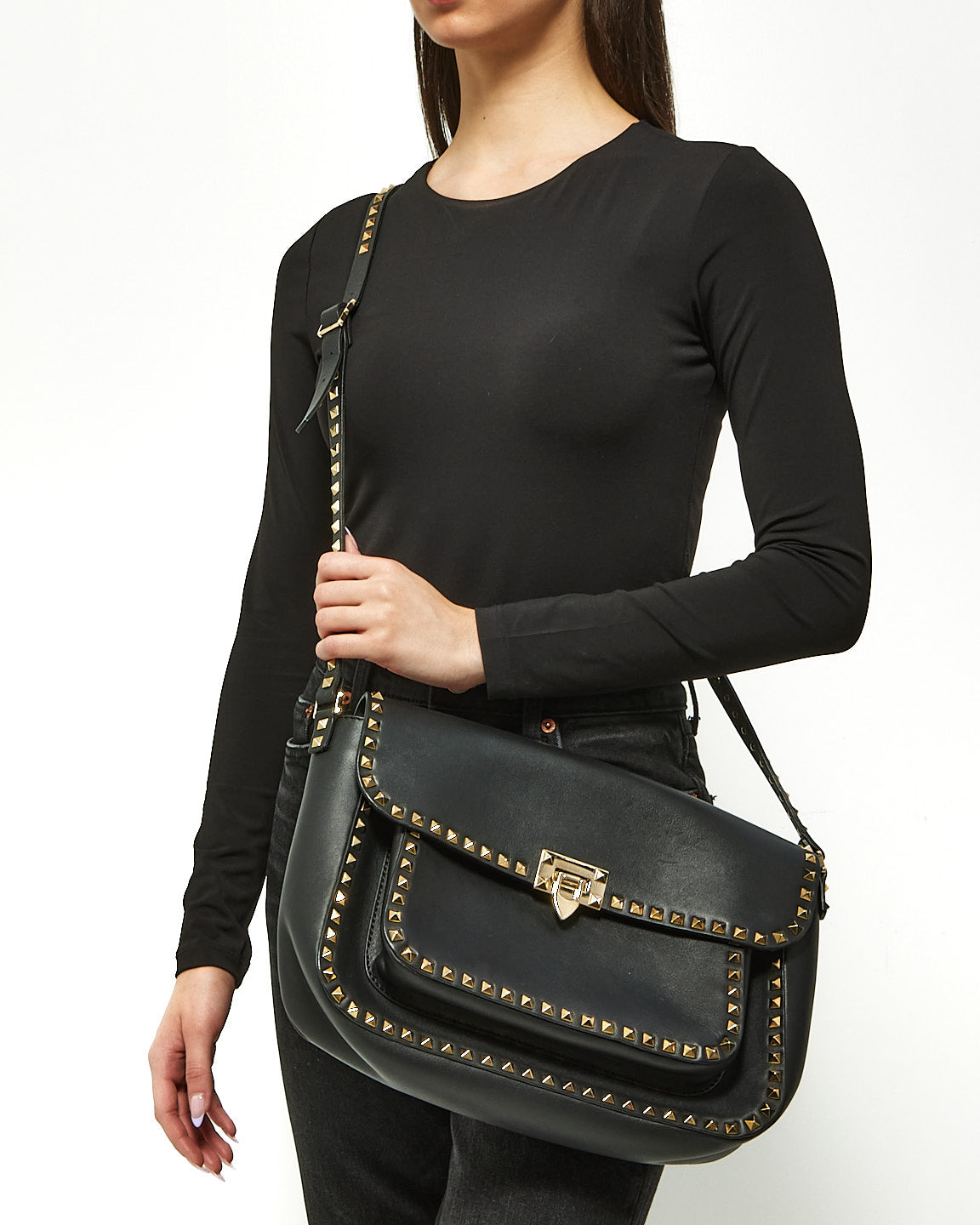 Valentino Black Leather Front Pocket Flap Rockstud Crossbody Bag