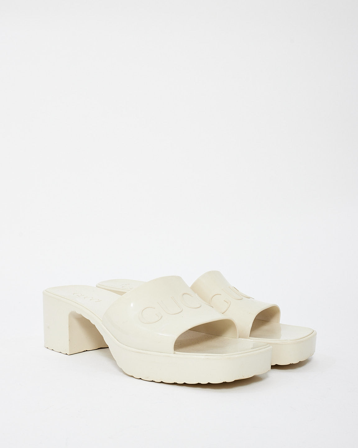 Gucci Off White Rubber Logo Slide Heeled Sandal - 38