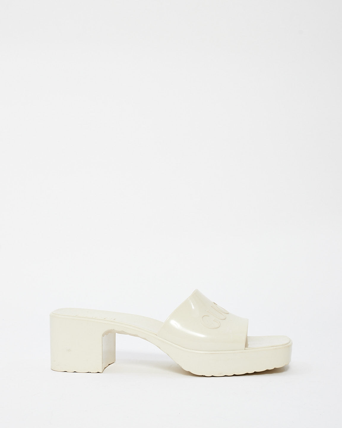 Gucci Off White Rubber Logo Slide Heeled Sandal - 38