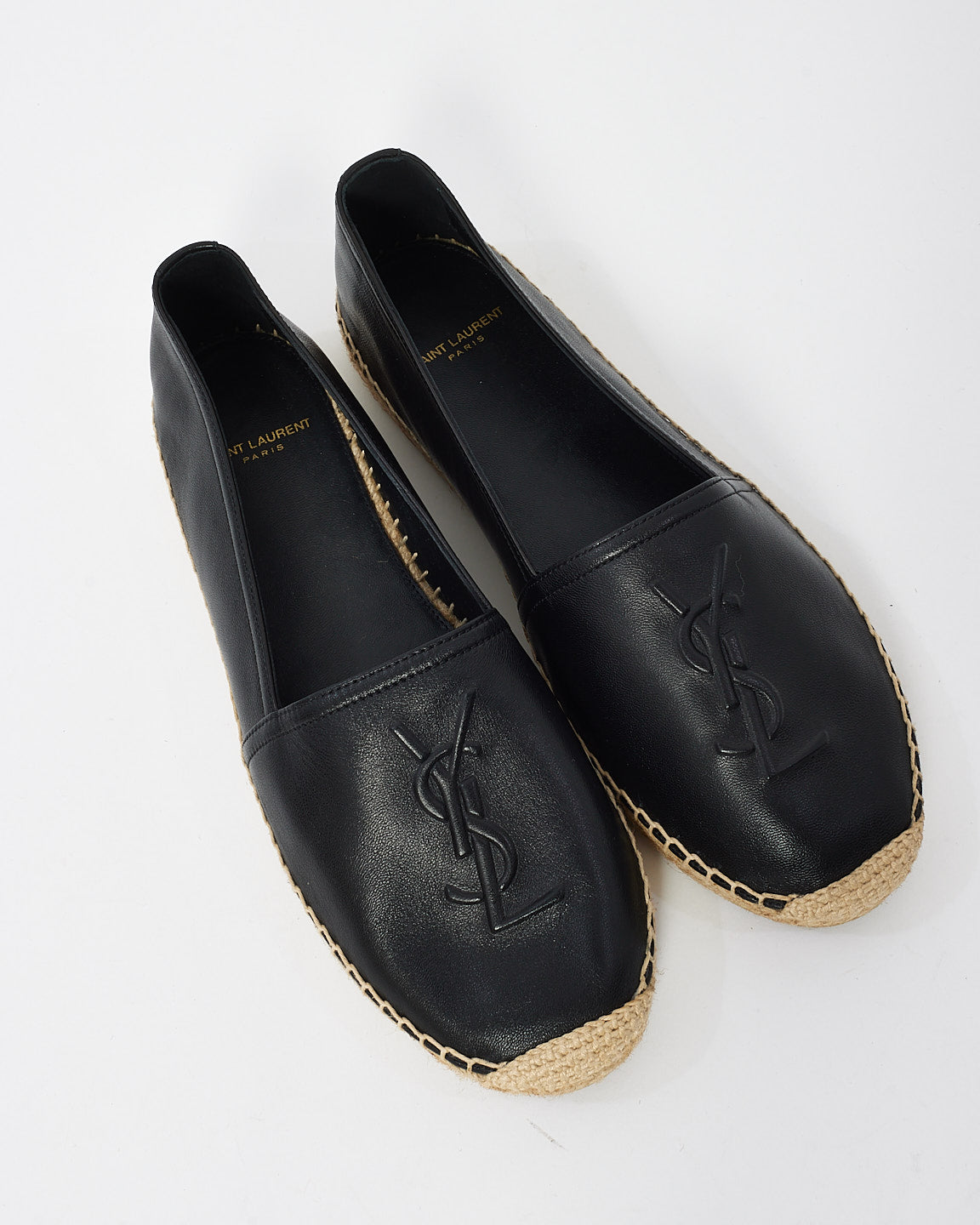 Saint Laurent Black Lambskin Leather Monogram Logo Espadrilles - 38