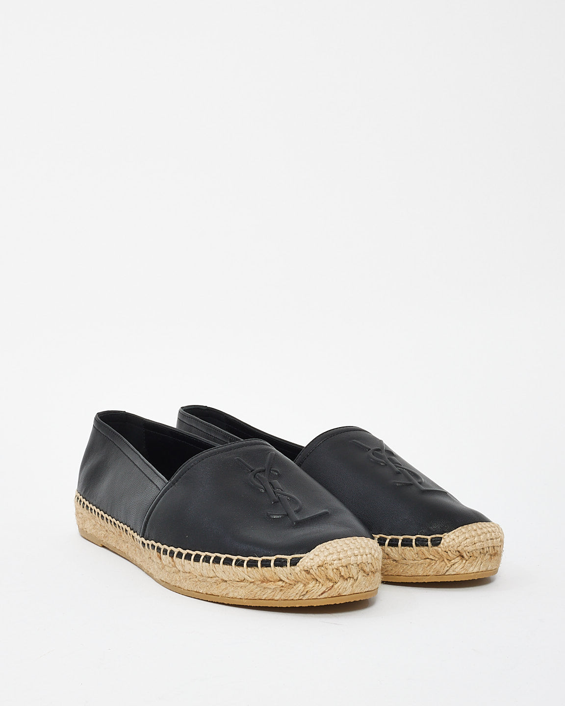 Saint Laurent Black Lambskin Leather Monogram Logo Espadrilles - 38