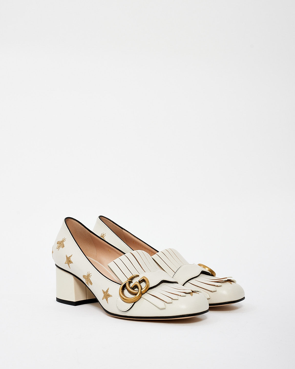 Gucci Off White Gold Star/Bee Embroidered Mid Heel Pump - 38.5