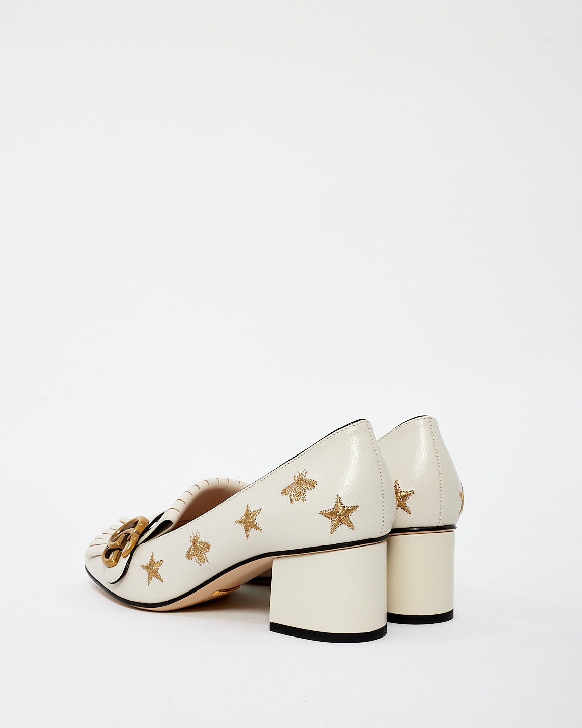 Gucci Off White Gold Star/Bee Embroidered Mid Heel Pump - 38.5