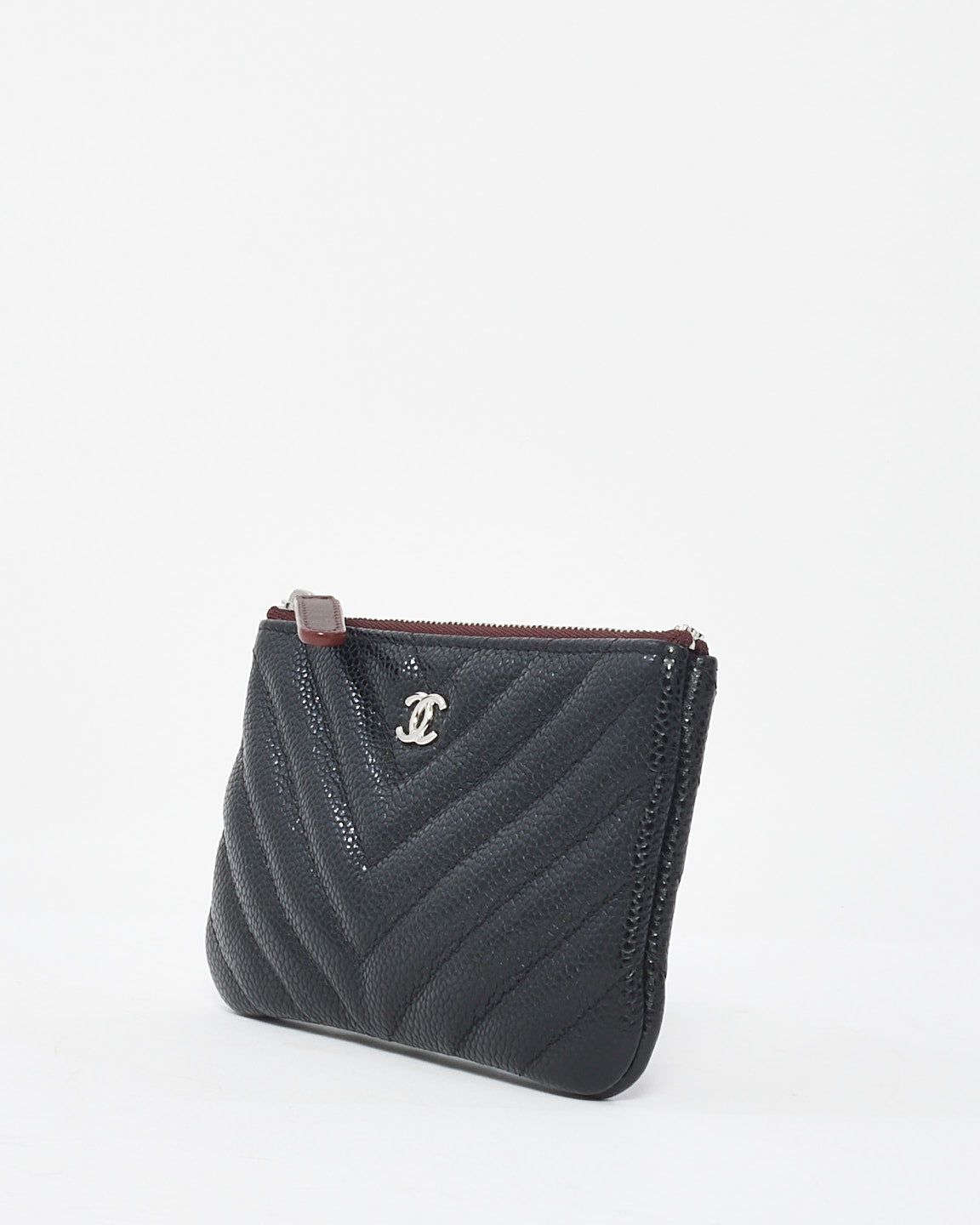 Chanel Black Caviar Chevron Leather Mini Pouch