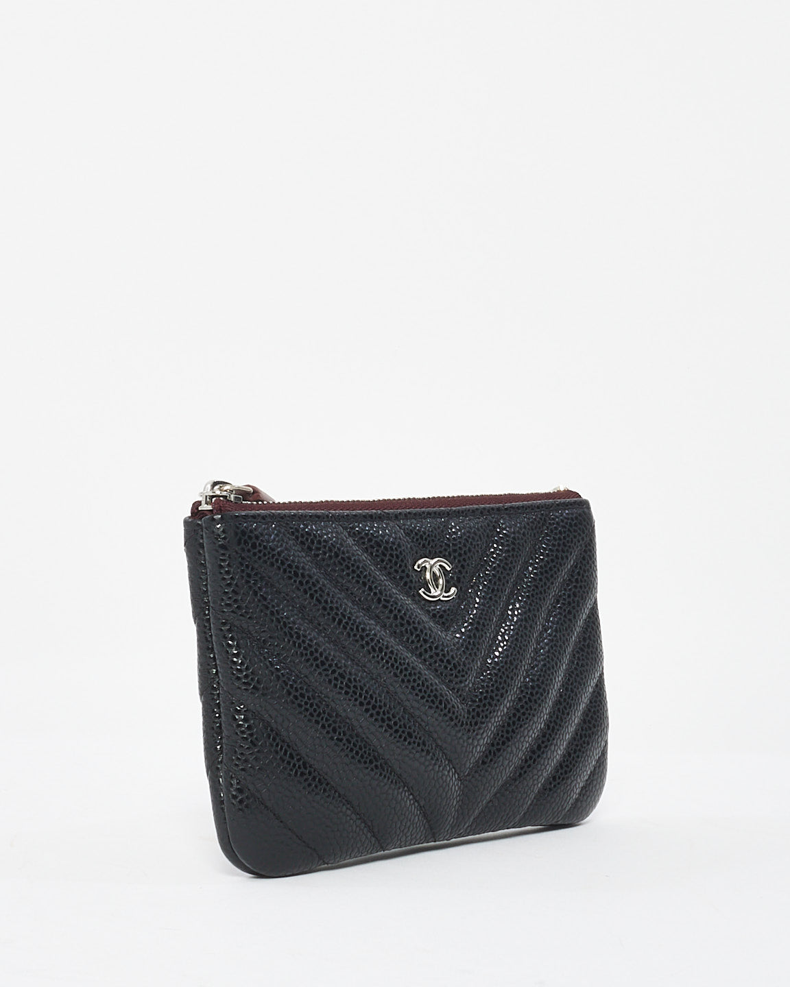 Chanel Black Caviar Chevron Leather Mini Pouch