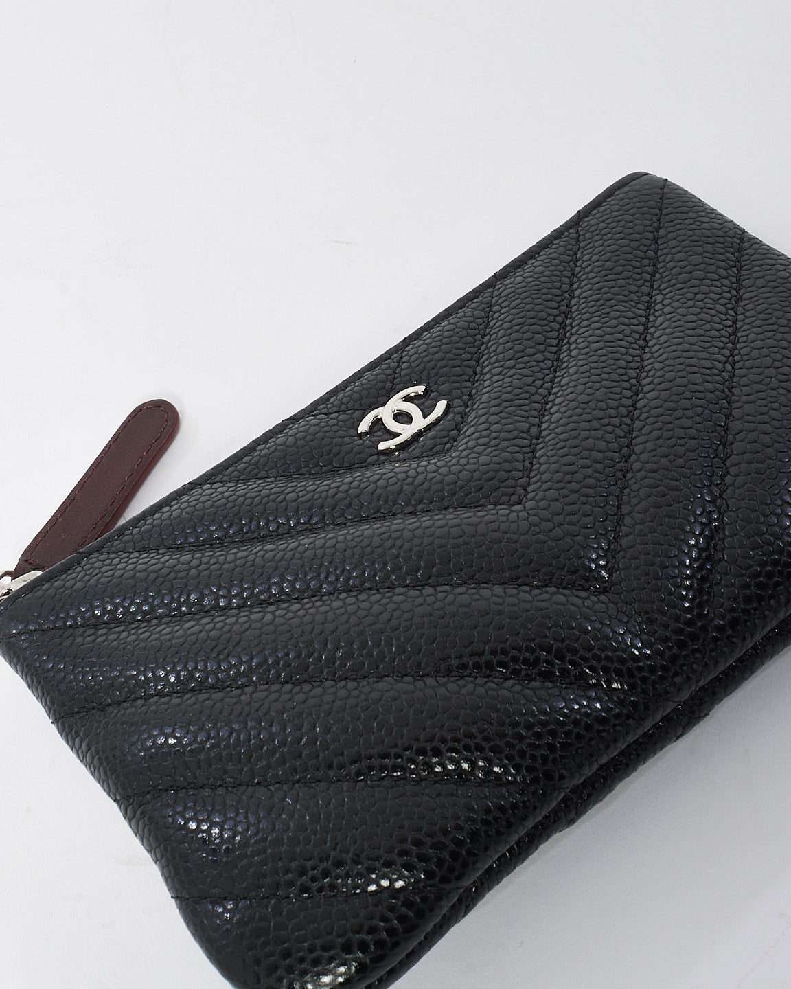 Chanel Black Caviar Chevron Leather Mini Pouch