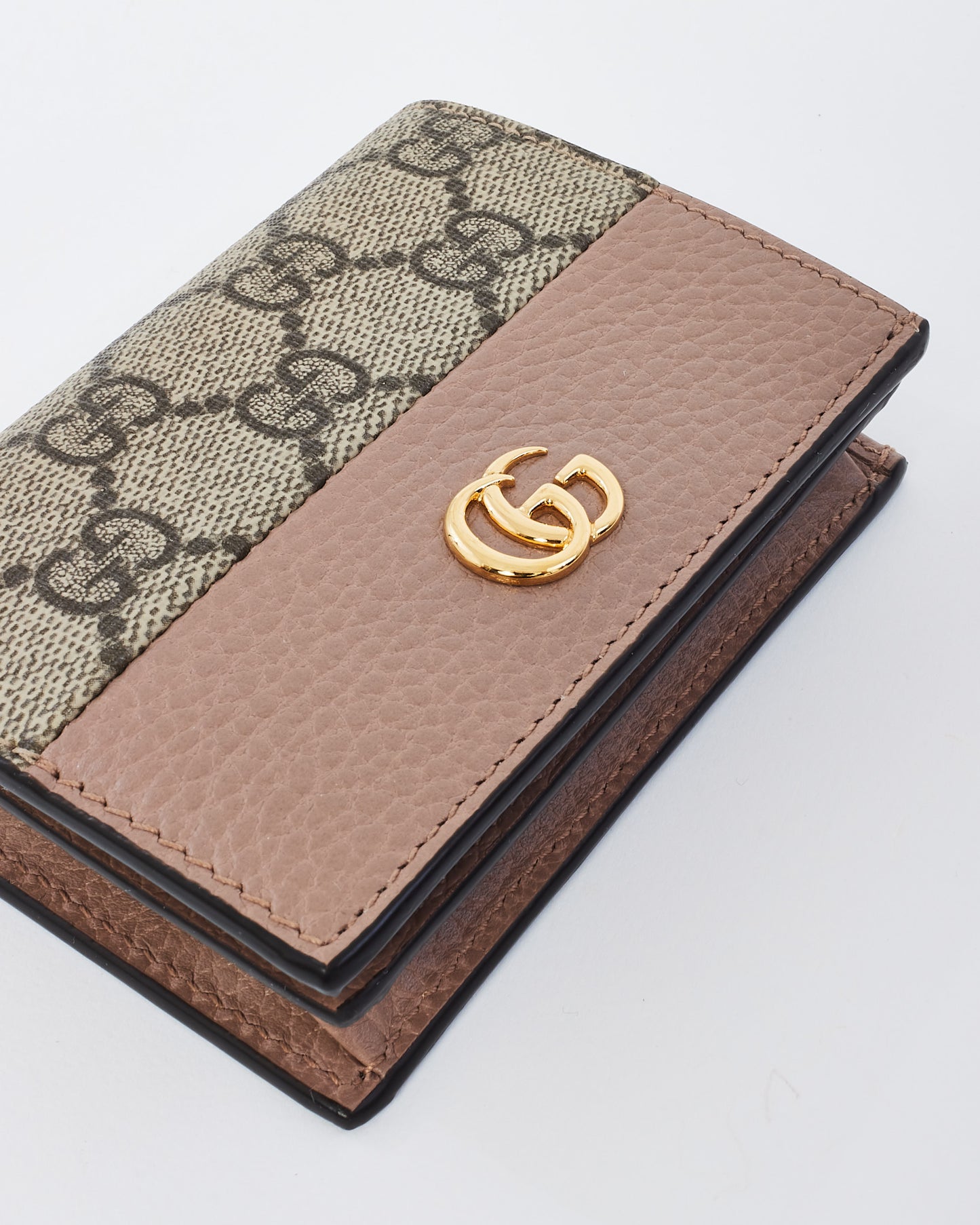 Gucci Dusty Pink Leather and Monogram Canvas GG Marmont Card Case Wallet